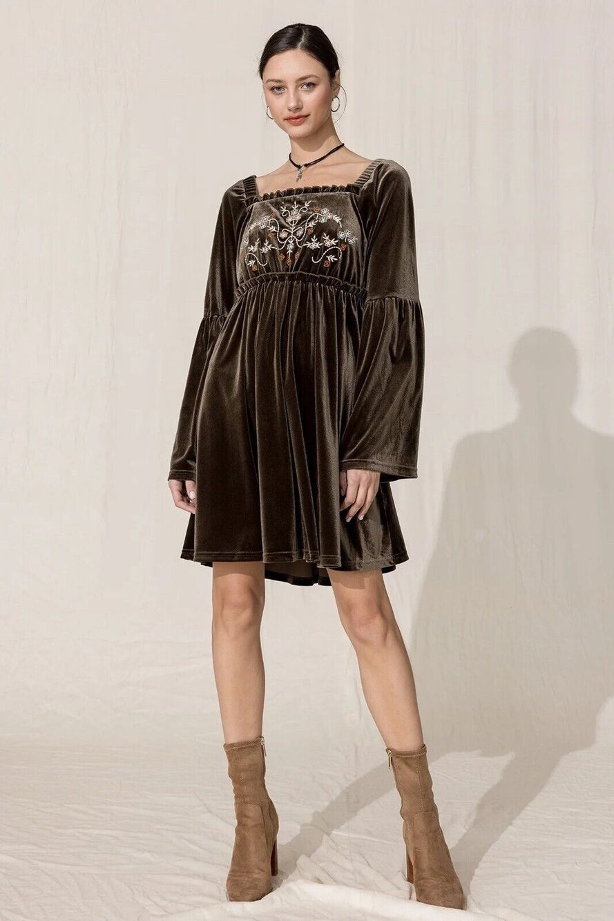 Miss Me Velvet Embroidered Bodice Bell Sleeve Mini Dress Olive Green S